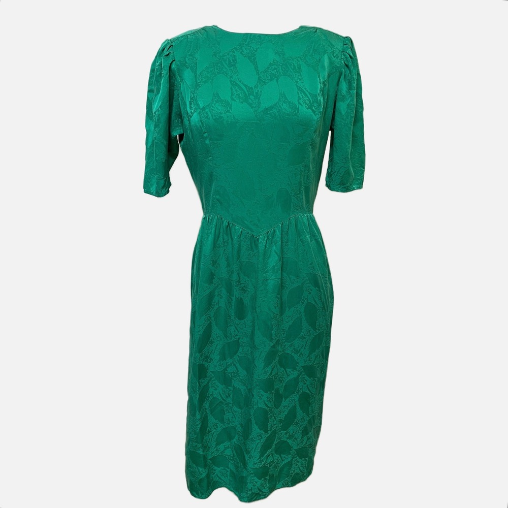 Cadaz Vintage Emerald Green 100% Silk Jacquard Leaf Midi Dress V-Back Size 8